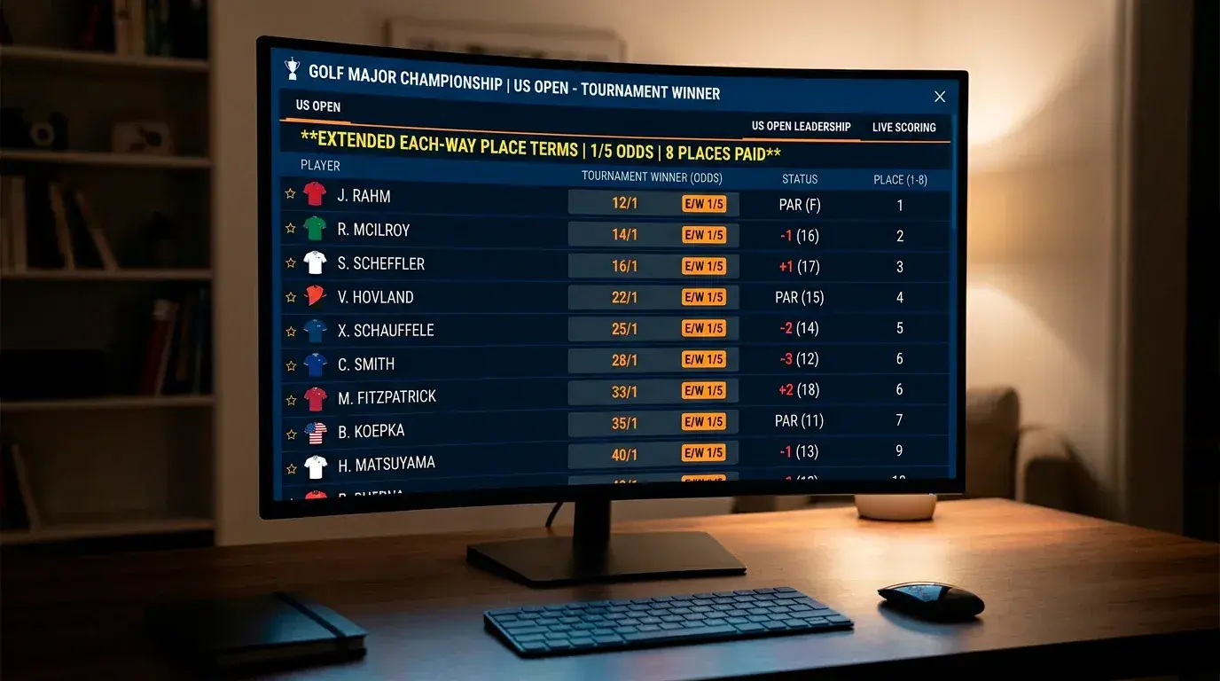 Sportsbook screen showing extended each-way place terms for a golf major championship