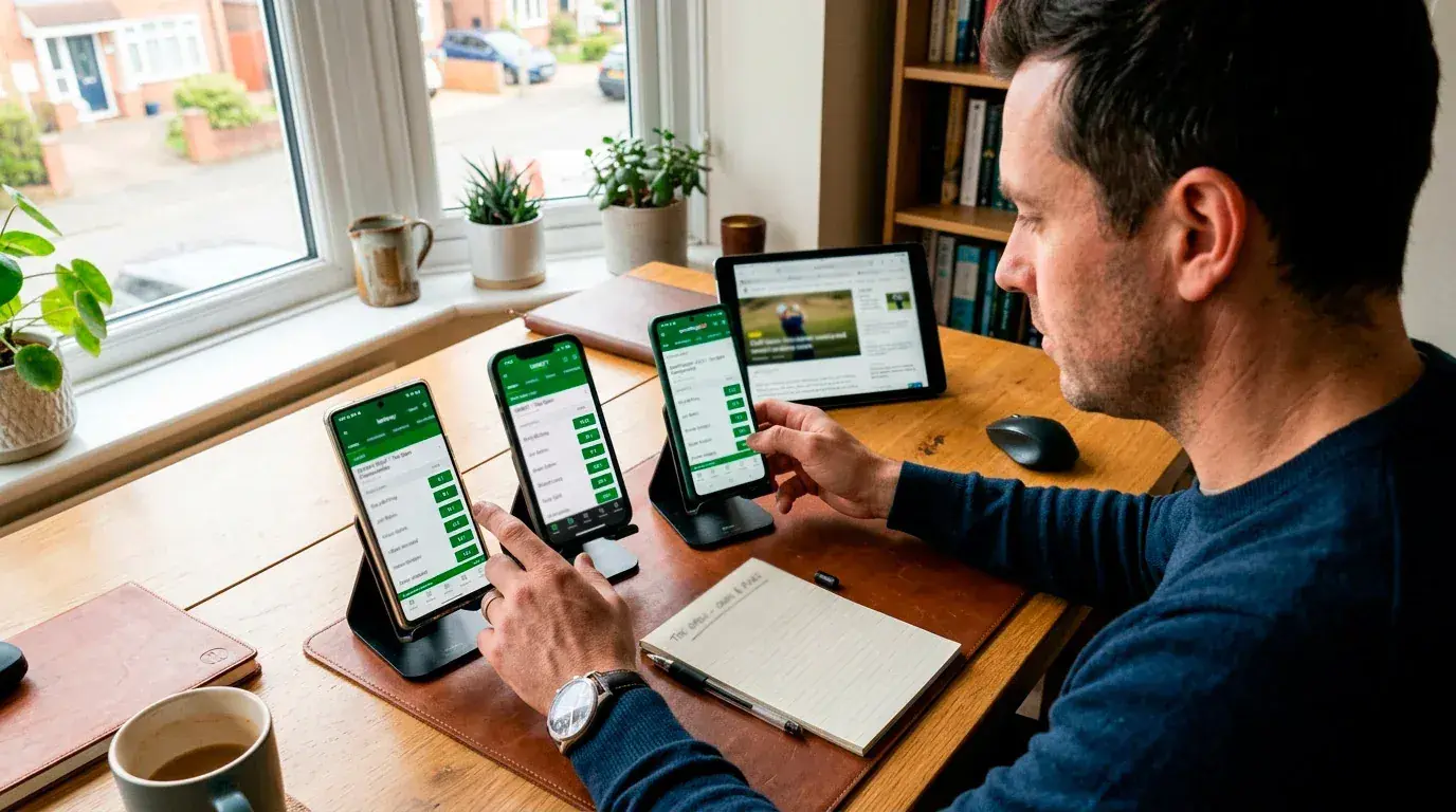 Punter comparing each-way place offerings across multiple sportsbook apps on a desk