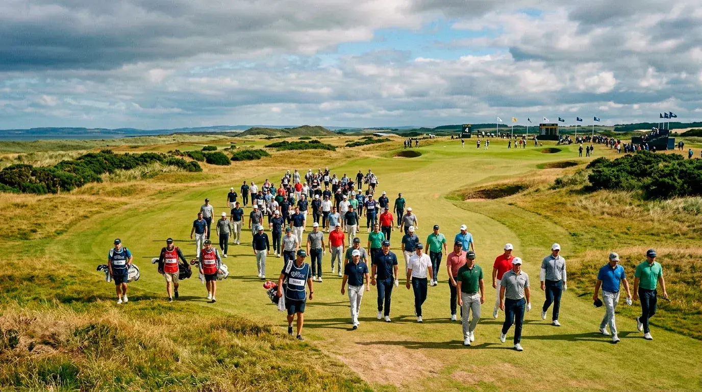Golf tournament field walking down a wide fairway illustrating standard place terms across different field sizes