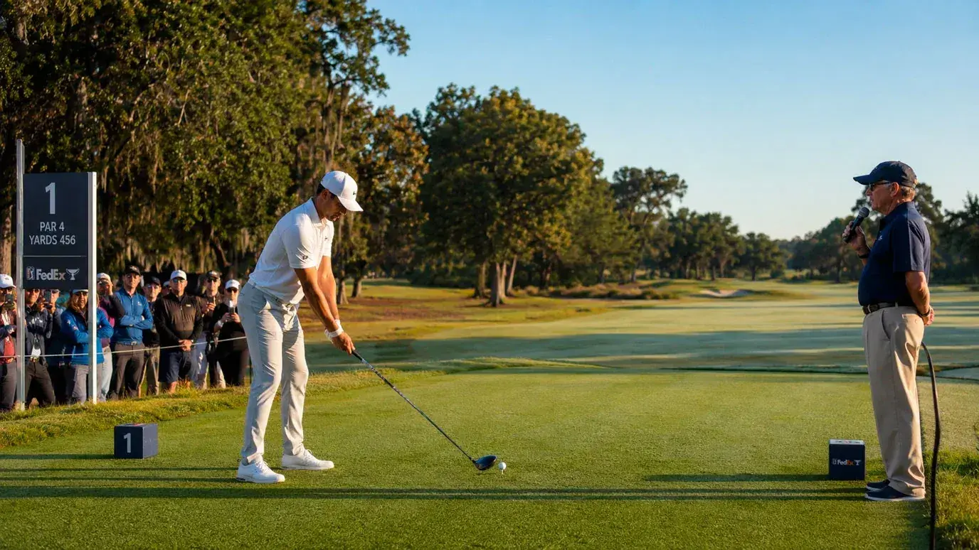 Golfer hitting a confident tee shot on the first hole of a tournament opening round