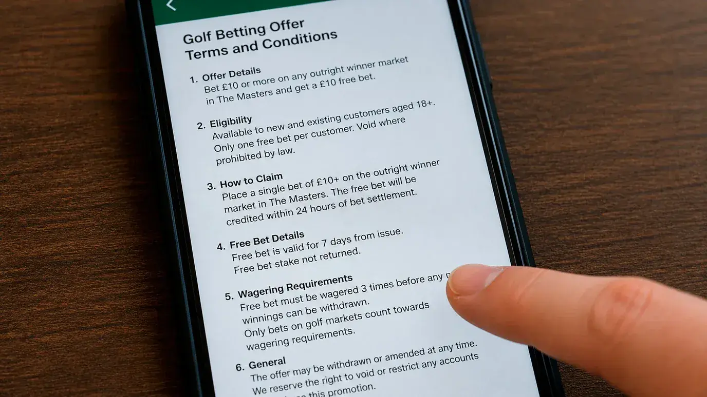 Close-up of golf betting promotion terms and conditions highlighting wagering requirements