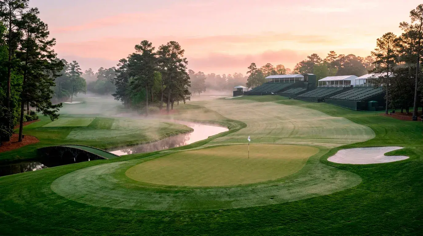Golf tournament venue at dawn with empty fairways before an upcoming major championship