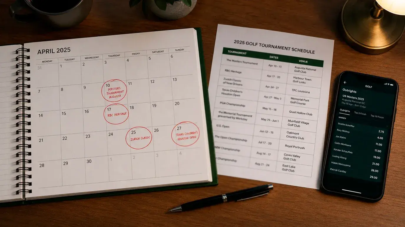 Calendar page with circled dates showing the optimal window for placing ante-post golf bets