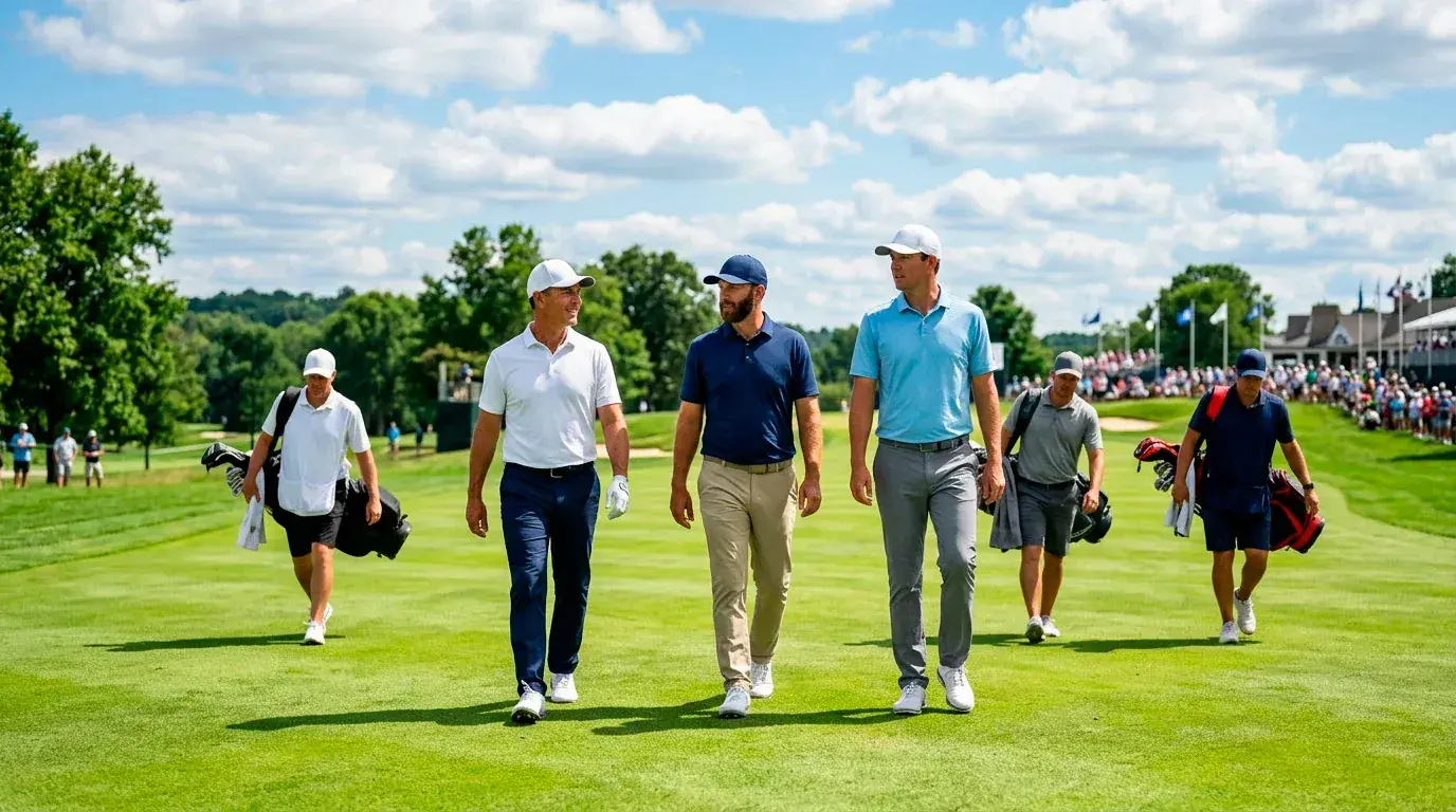 Three golfers walking together down a sunlit fairway during a tournament round