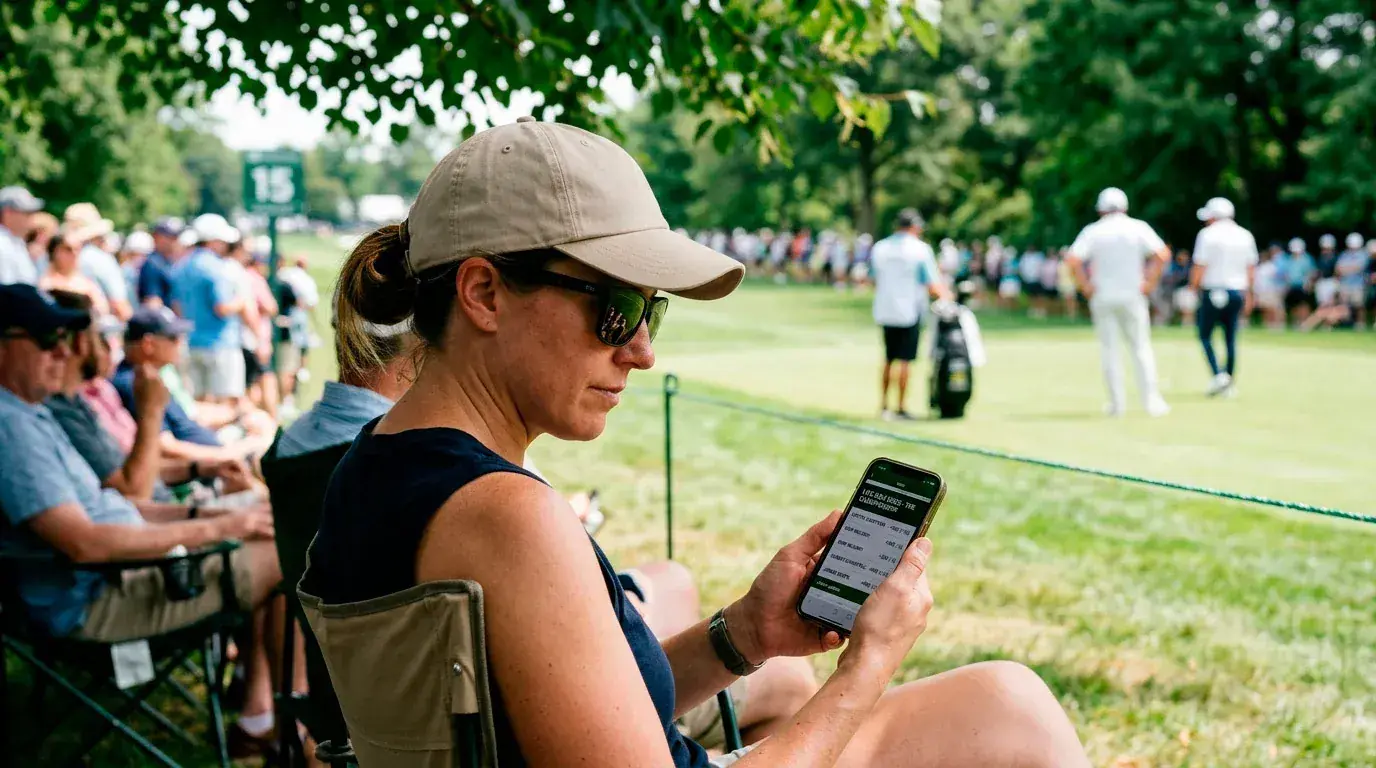 Punter watching live golf on a course while checking in-play odds on a mobile phone