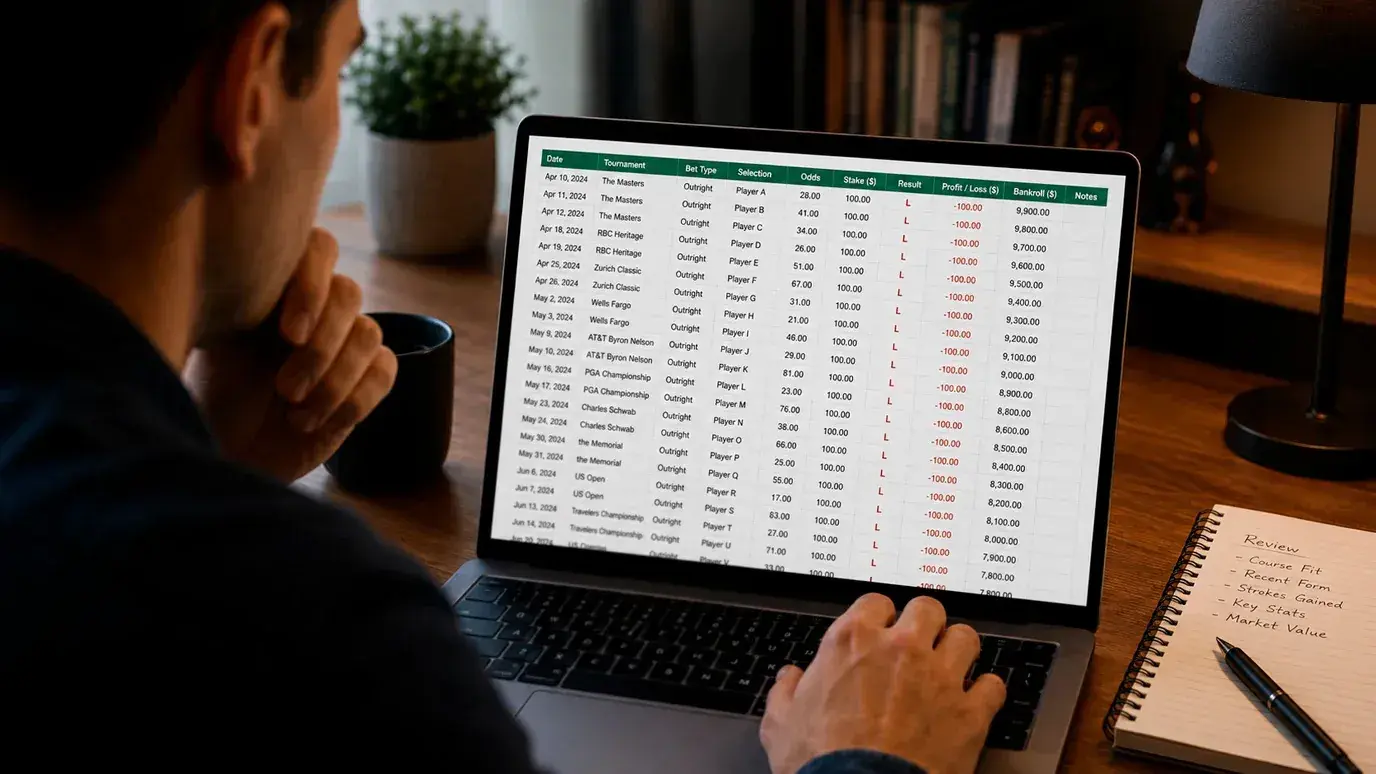 Punter reviewing a spreadsheet tracking a golf betting losing streak