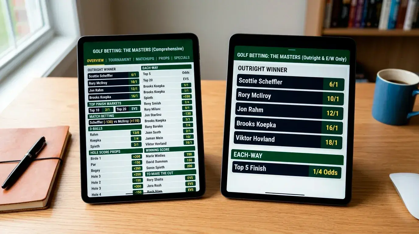 Side-by-side sportsbook screens showing different golf market depth for the same tournament