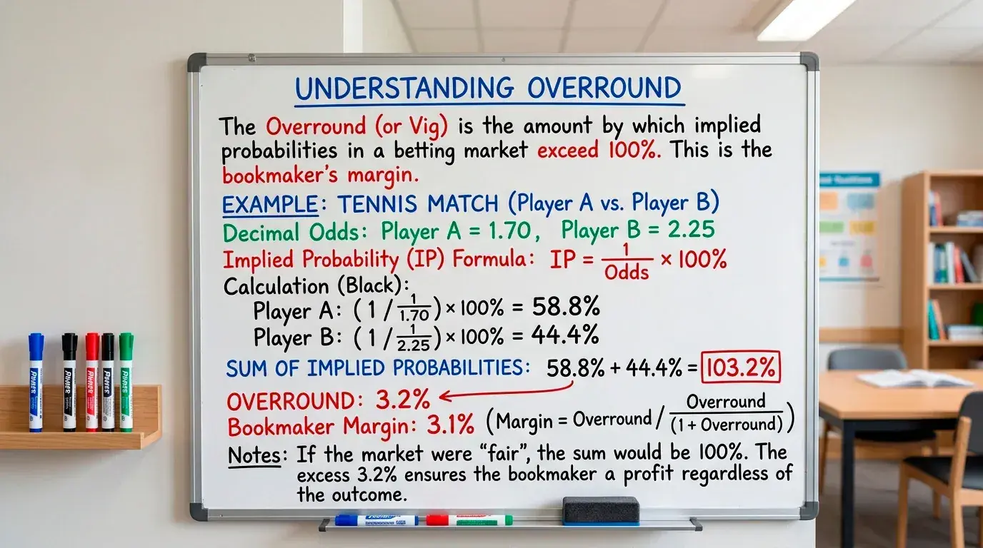 Whiteboard showing overround calculation for a golf outright market with 150 runners