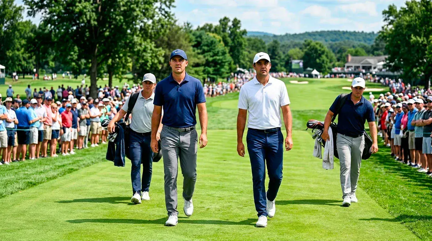 Two professional golfers competing side by side in a head-to-head matchup on the fairway