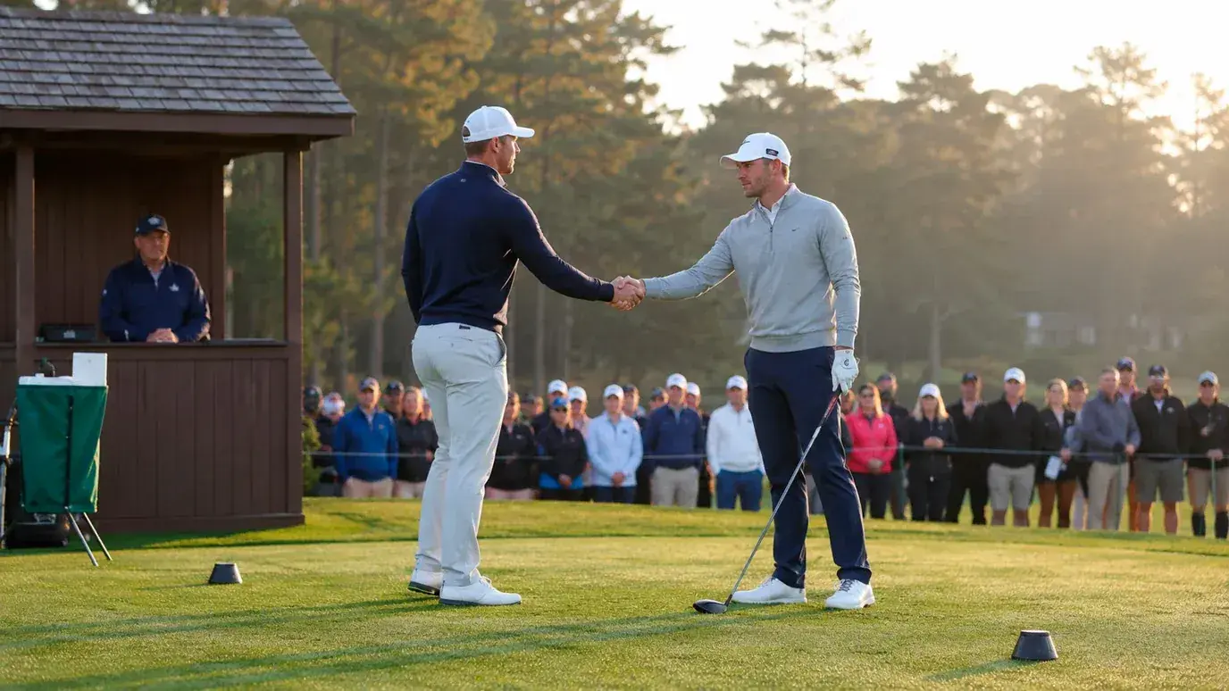 Two golfers shaking hands on the first tee before a tournament round matchup