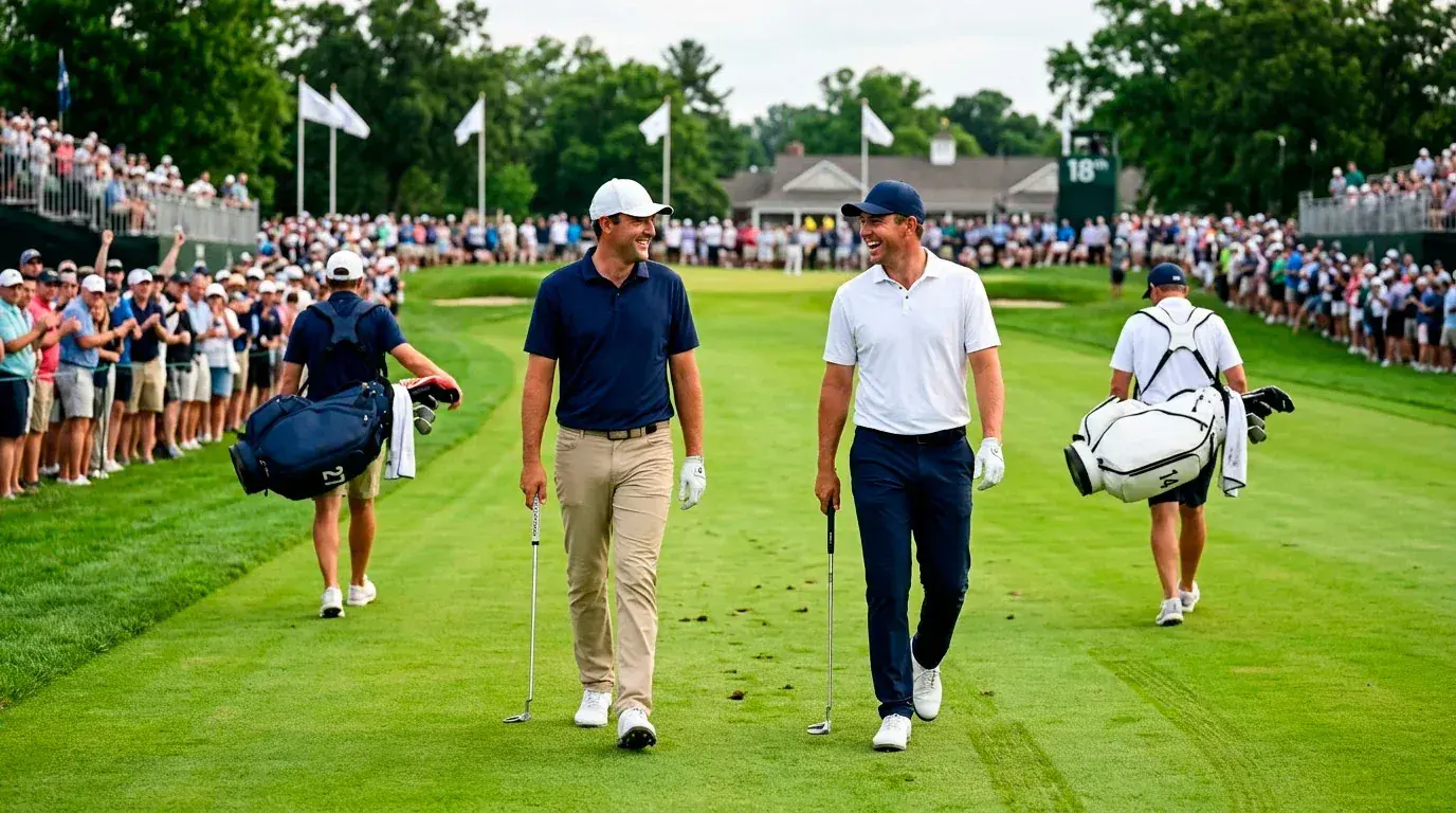 Two golfers competing in a head-to-head matchup bet walking side by side down a tournament fairway