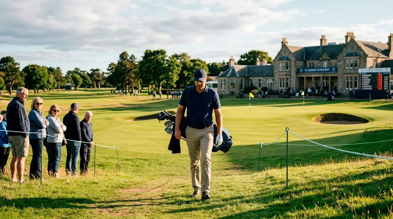 Golfer walking off the course after missing the cut with bag over shoulder