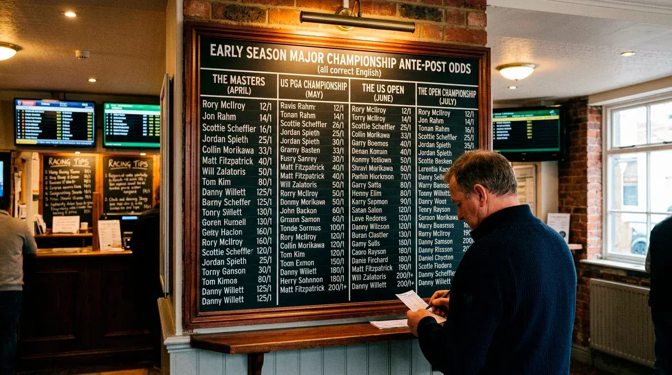 Sportsbook odds board showing early ante-post golf prices months before a major