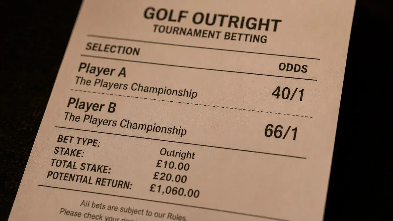 Golf betting slip displaying fractional odds for an each-way tournament wager
