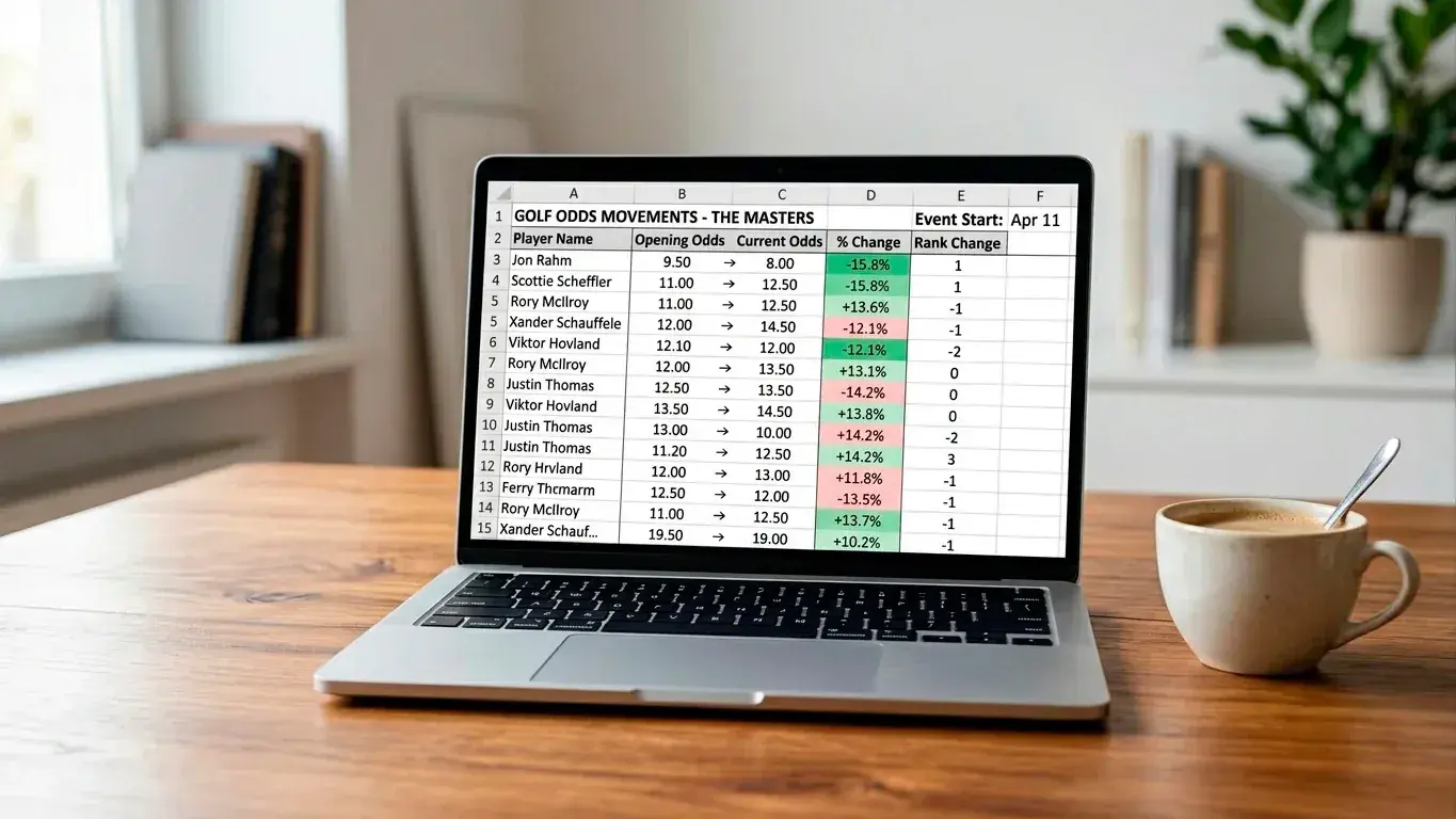 Spreadsheet tracking golf odds movements from early week to tee-off time