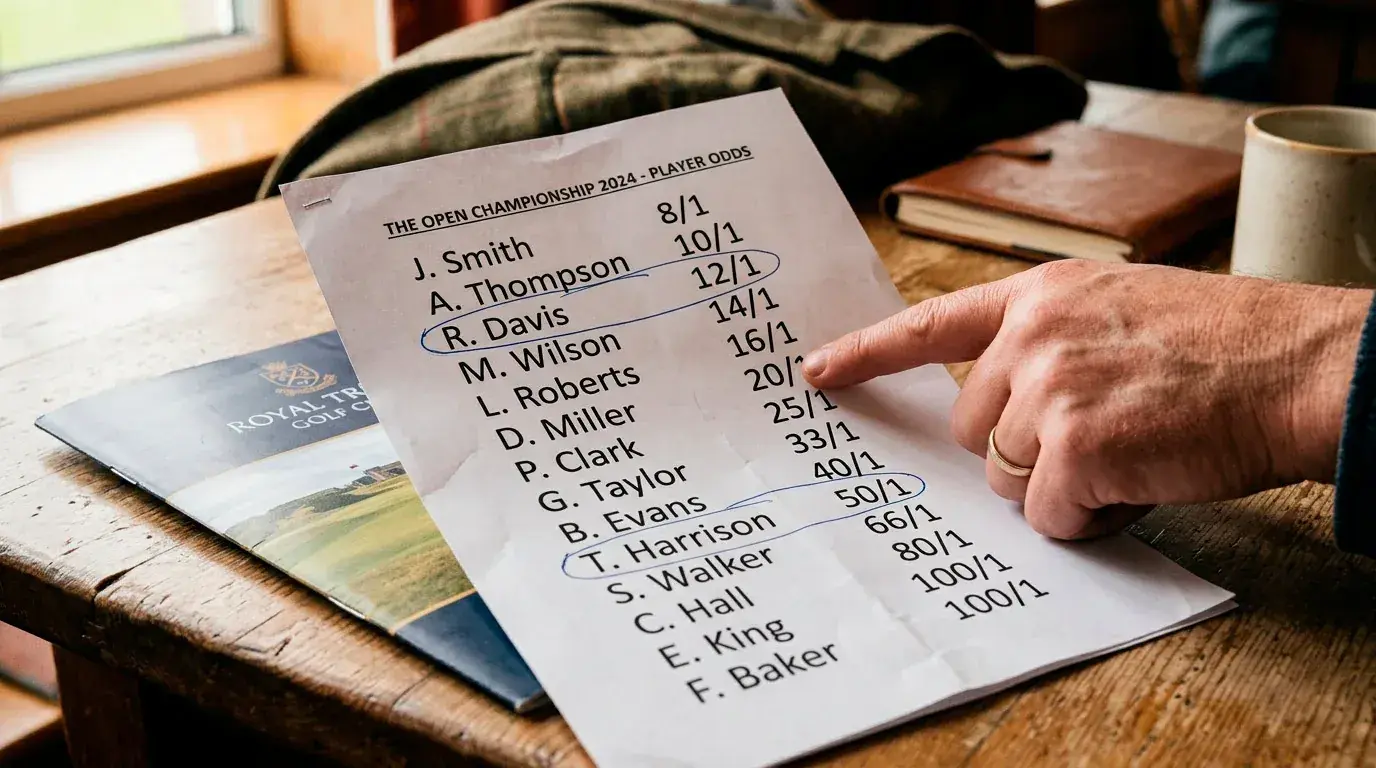 Golf odds board displaying fractional and decimal prices with implied probability percentages