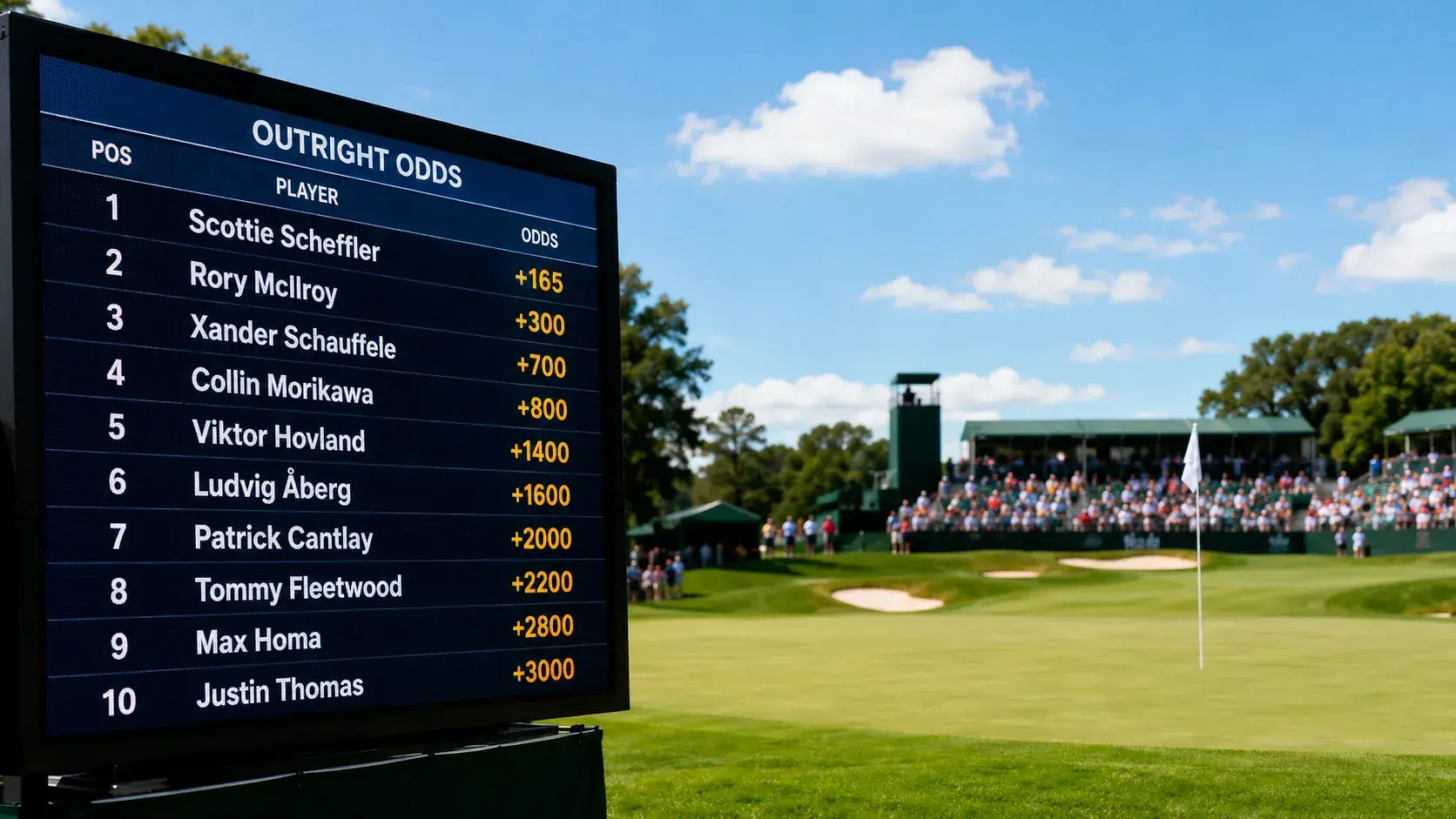 Golf outright betting odds displayed for tournament winner market at a major championship