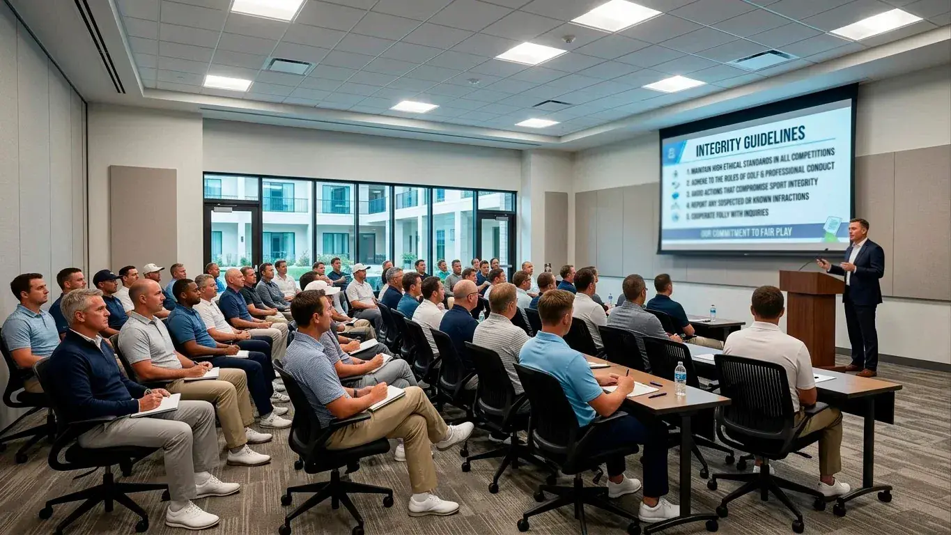 Golf professionals attending a mandatory integrity education briefing at a tour event