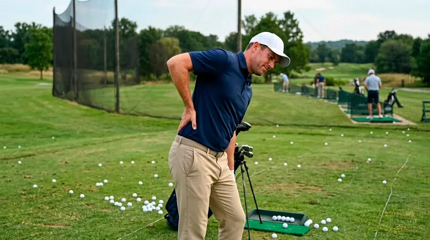 Golfer holding his lower back in discomfort during a practice round before a tournament