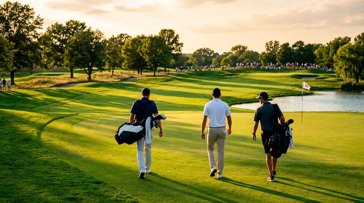 Two golfers walking towards a playoff hole after a tied tournament finish