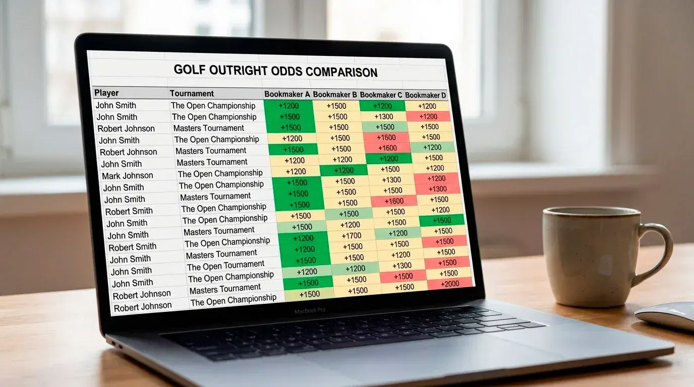 Spreadsheet tracking golf outright prices across four UK bookmakers over a season