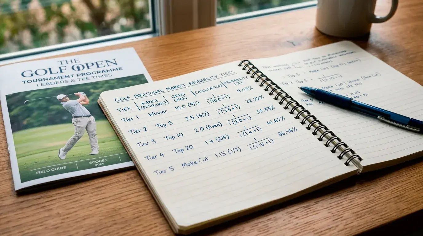 Notebook showing probability calculations across top 5, top 10, and top 20 golf tiers