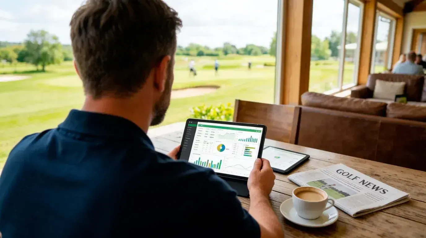 Golf punter studying tournament odds and form data on a tablet at a clubhouse, with a course visible through the window