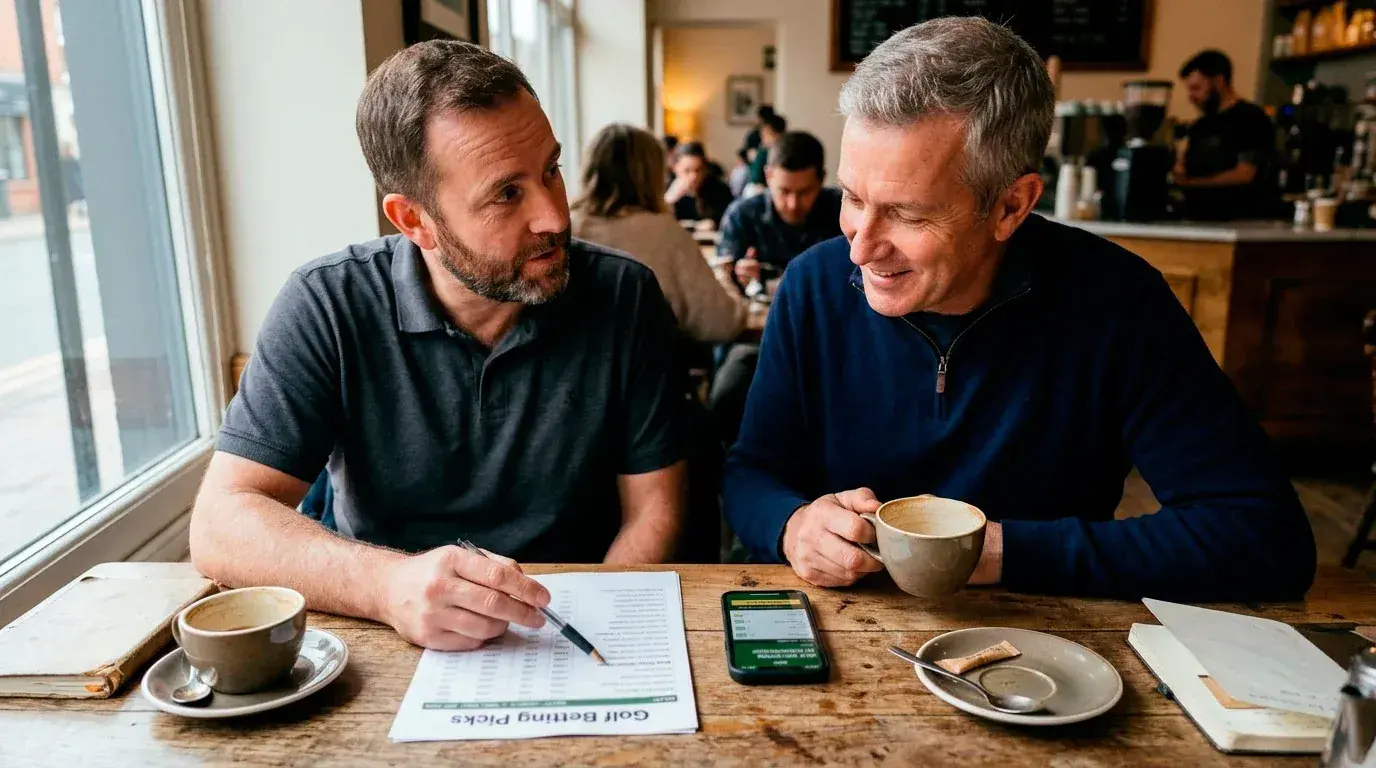Two friends reviewing golf betting picks together at a table with notes