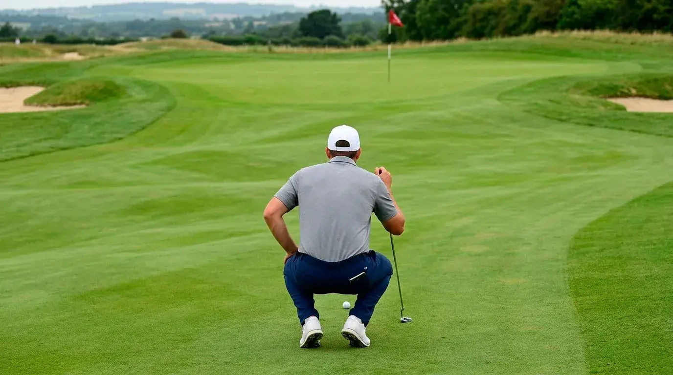 Golfer reading a putt on a fast green highlighting the volatility of putting stats