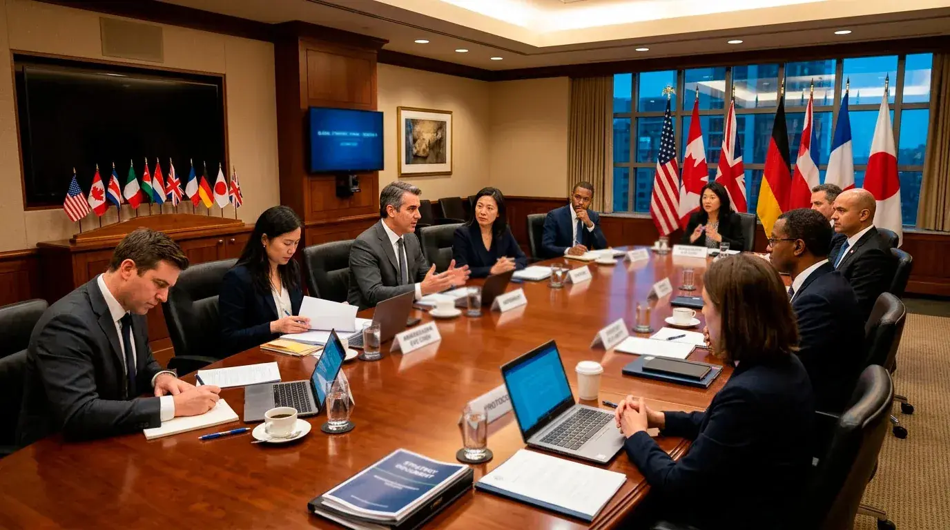 International regulators in a formal meeting room discussing cross-border sports integrity