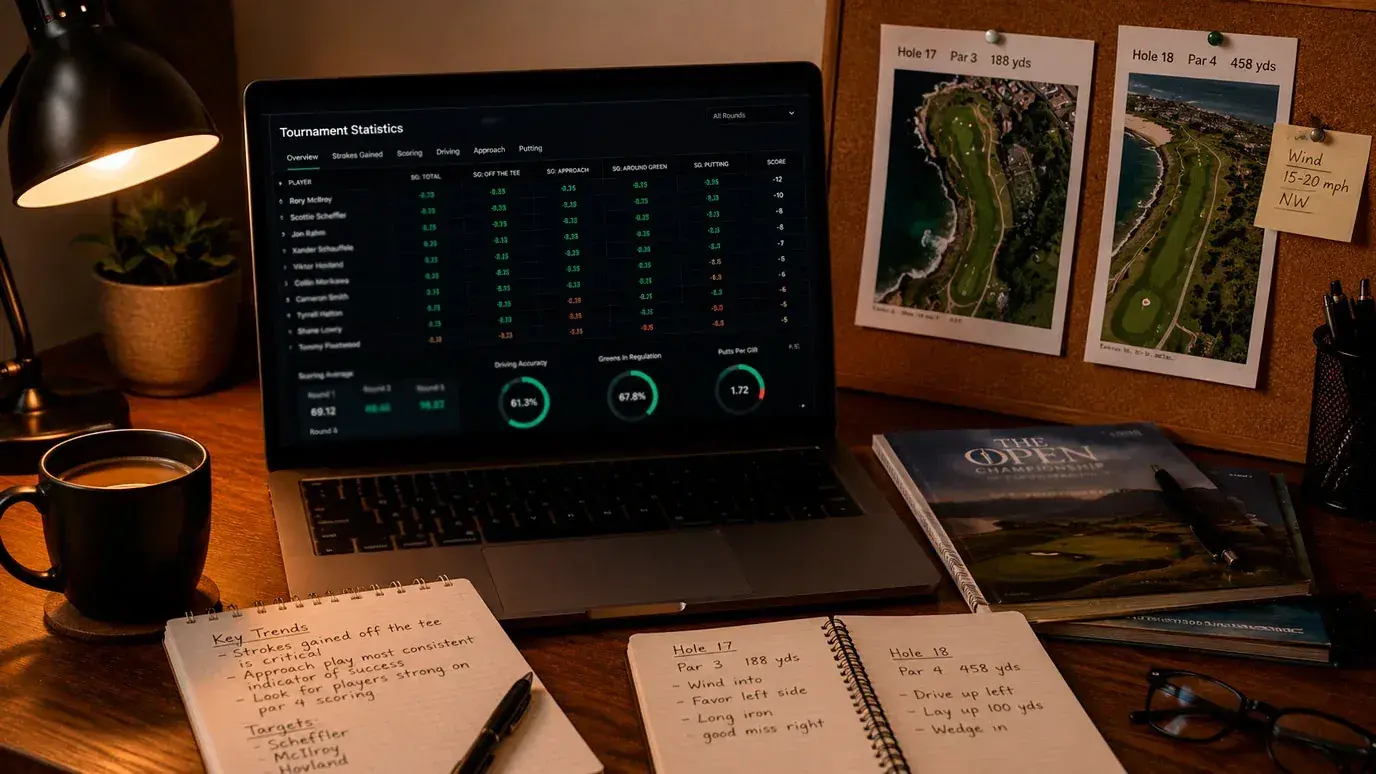 Organised desk with golf tournament research materials and a laptop showing statistics