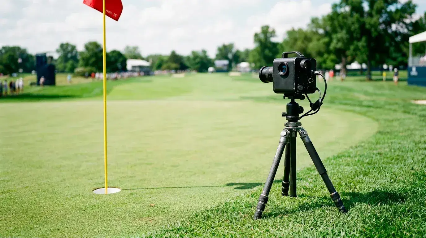 PGA Tour ShotLink tracking technology camera positioned near a green, recording shot data during a tournament round