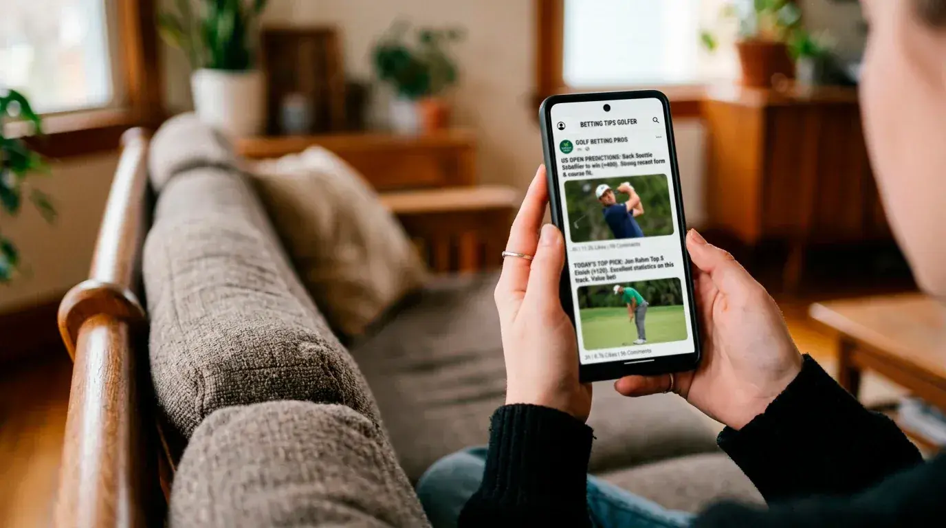 Person scrolling through golf betting tips on a smartphone screen