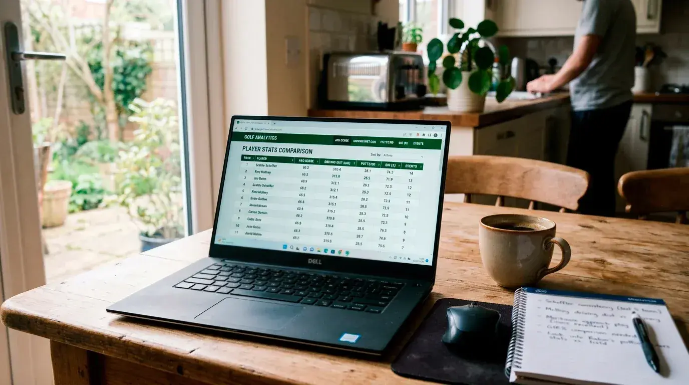 Laptop open on a golf statistics website with player comparison tables and charts