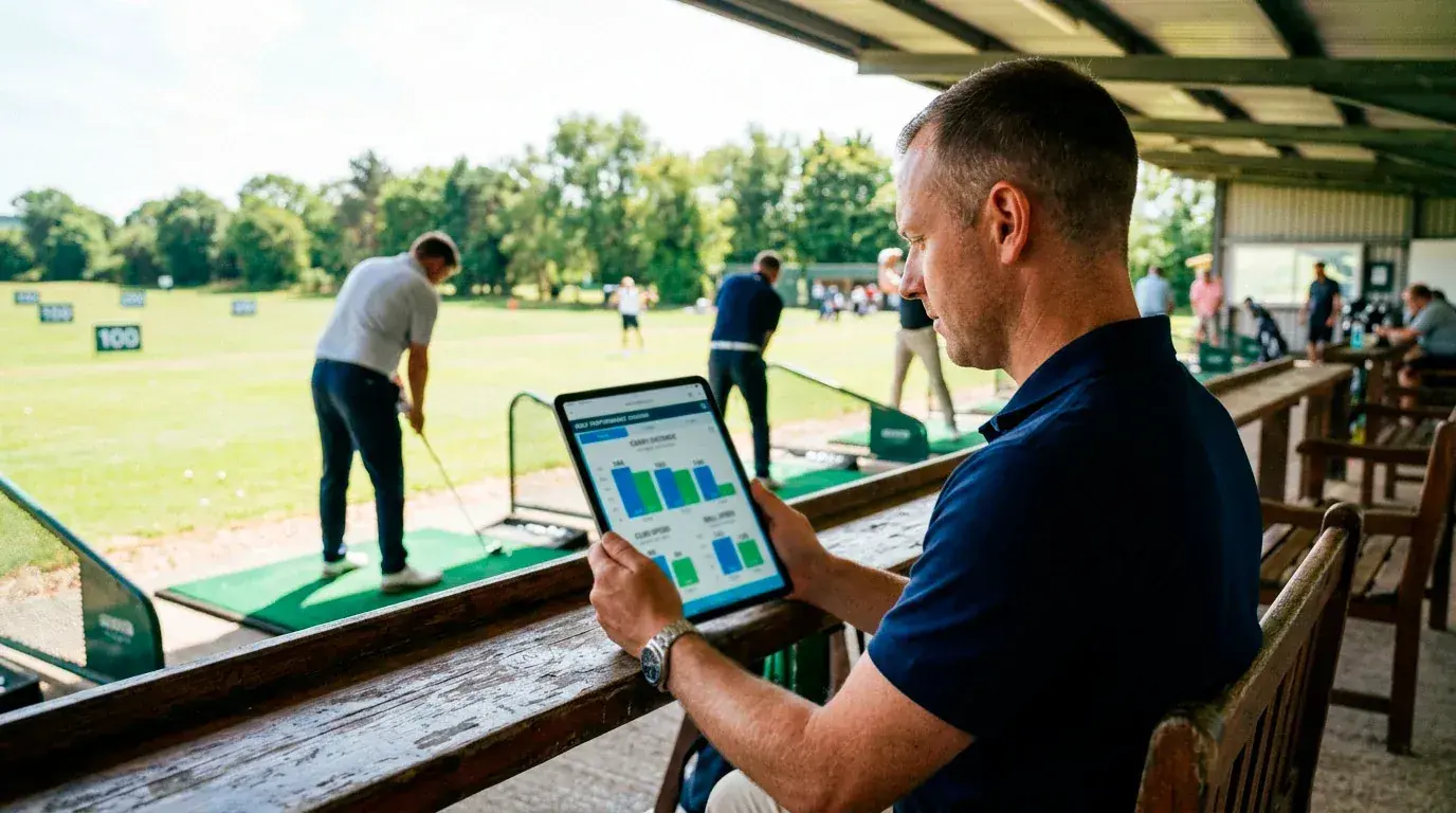 Golfer reviewing performance data and scoring metrics on a tablet at practice range