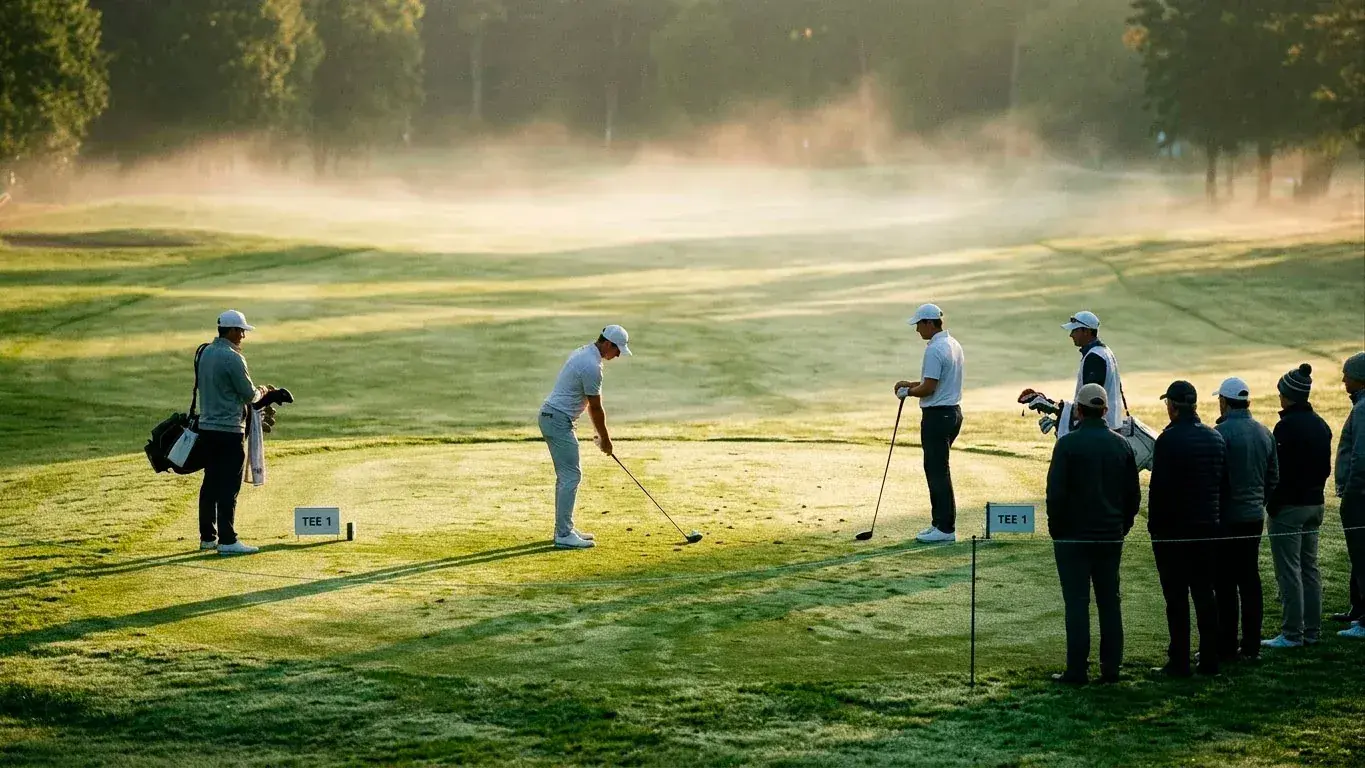 Golfers teeing off in calm early morning conditions during a tournament first round