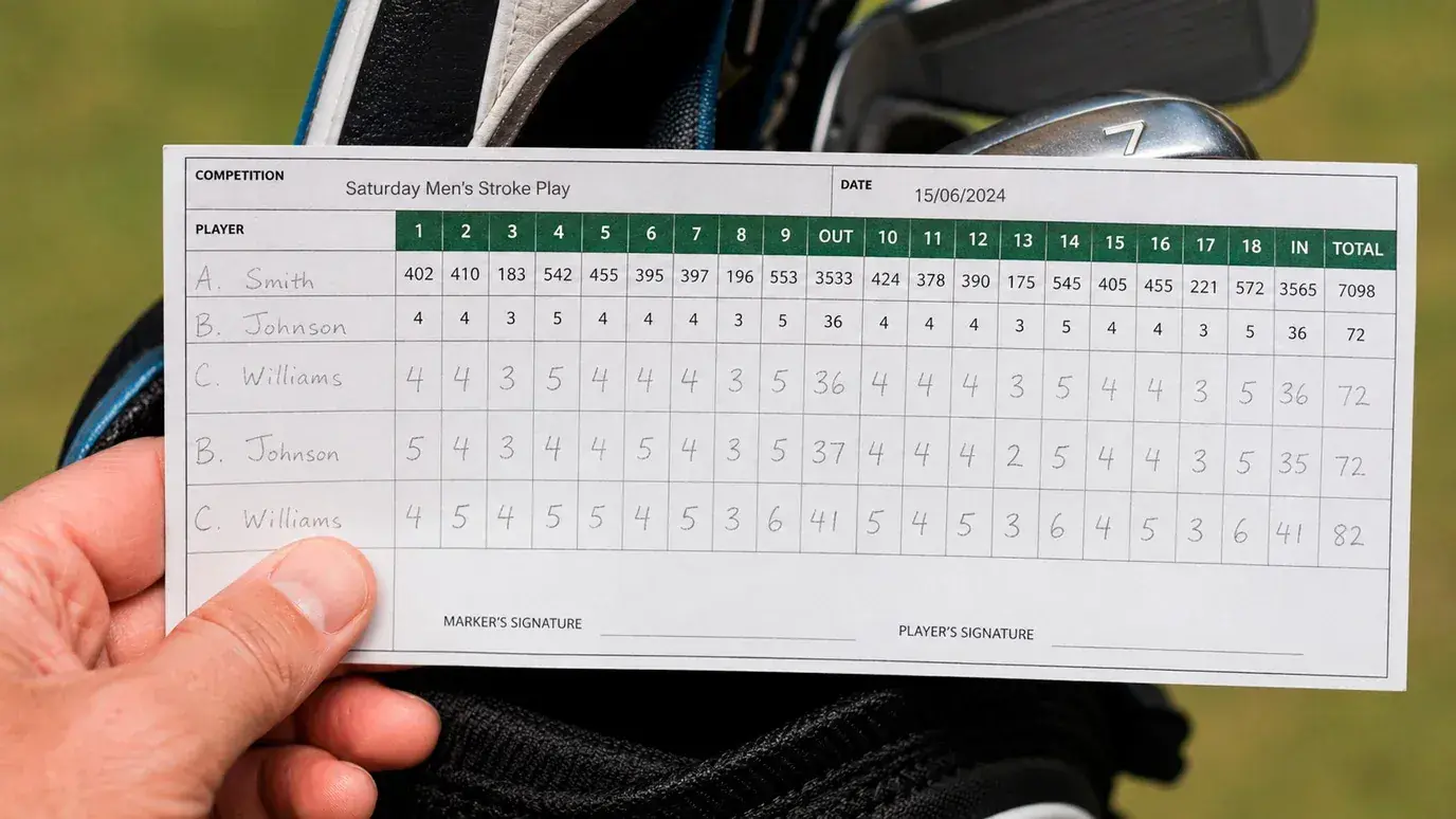 Close-up of a golf scorecard showing three players' round scores in a group