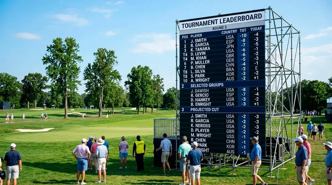 Tournament leaderboard display with grouped player sections and finishing positions