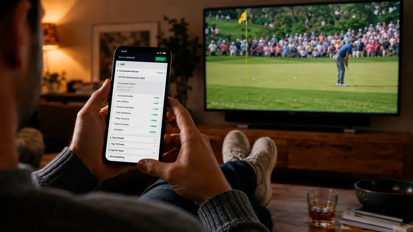 Person confidently placing a golf bet on a sportsbook app representing a trusted betting environment
