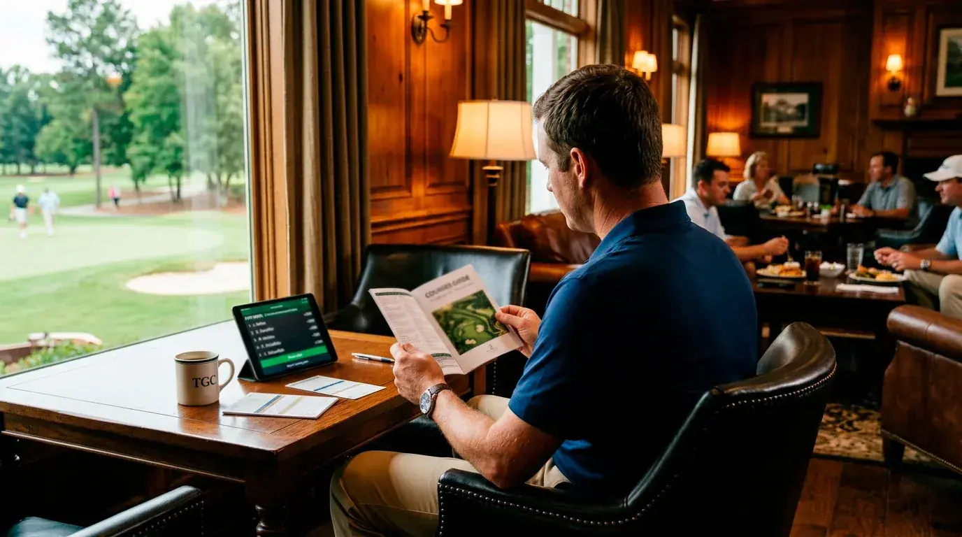Golfer studying a course guide while assessing value against bookmaker odds