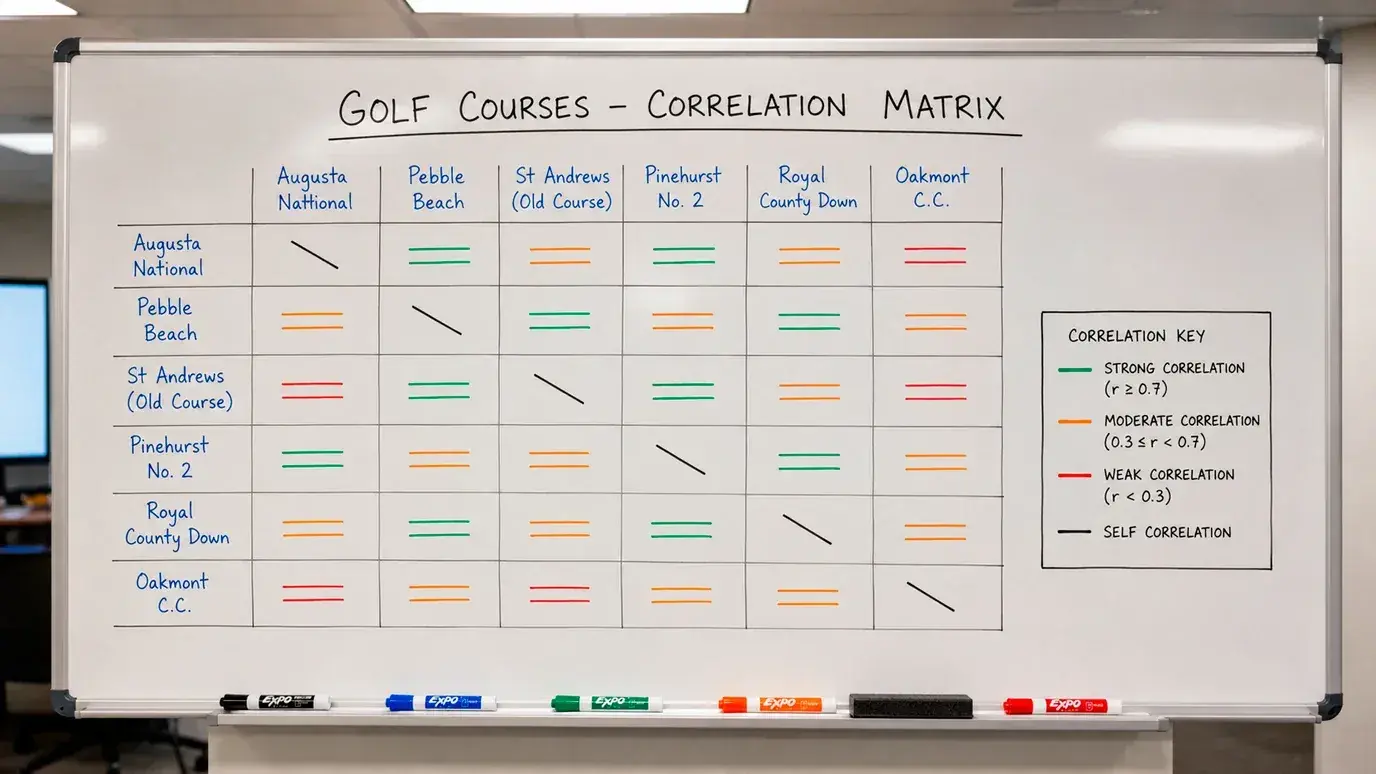 Correlation matrix chart linking similar PGA Tour golf venues for betting analysis