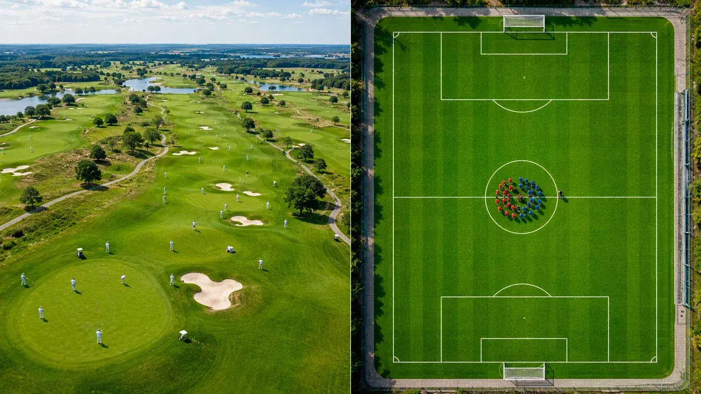 Golf tournament field spread across a course contrasting with a compact football pitch to show betting differences