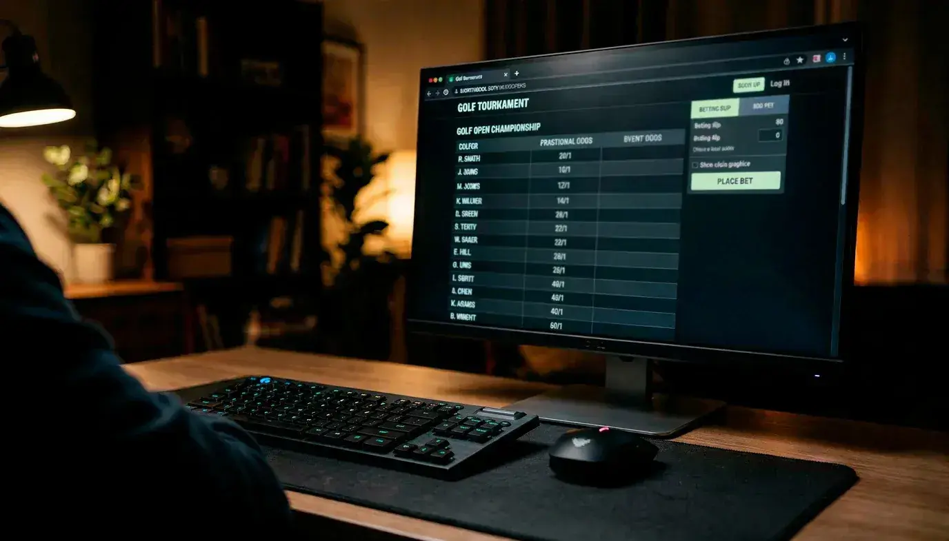 Sportsbook interface showing multiple golf betting markets including outright winner, each-way, and matchup options on a desktop screen