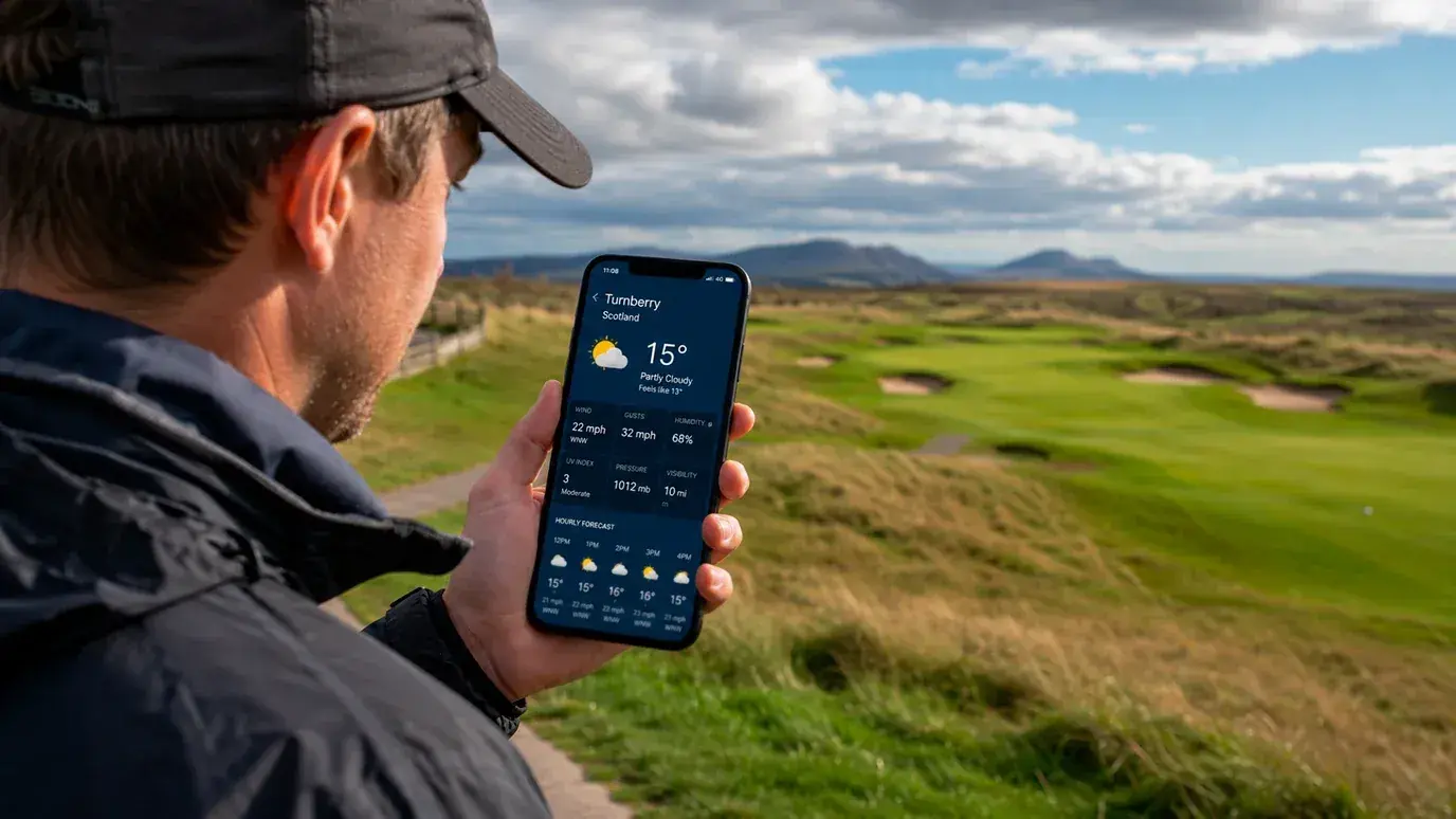 Person checking a detailed weather forecast on a phone with a golf course in the background
