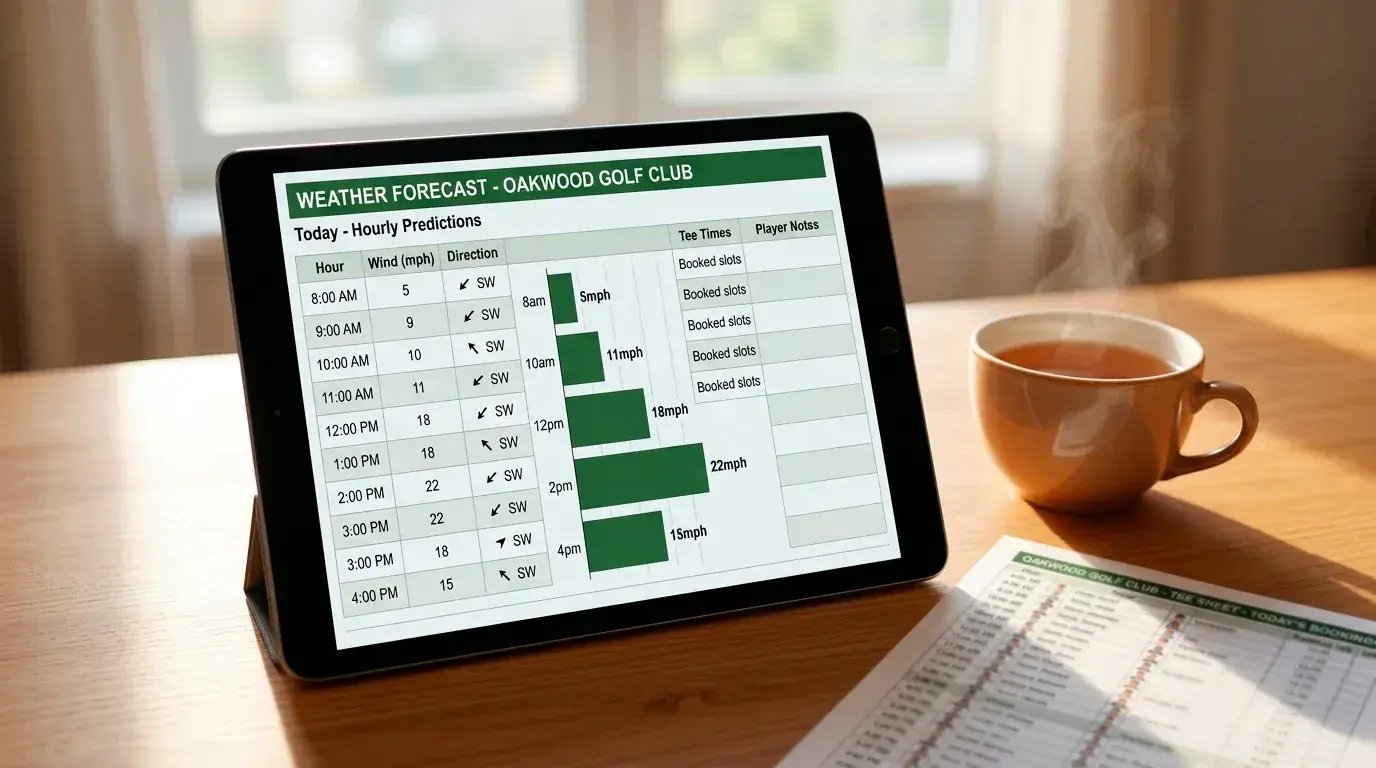 Weather forecast screen showing wind patterns mapped against PGA Tour tee times