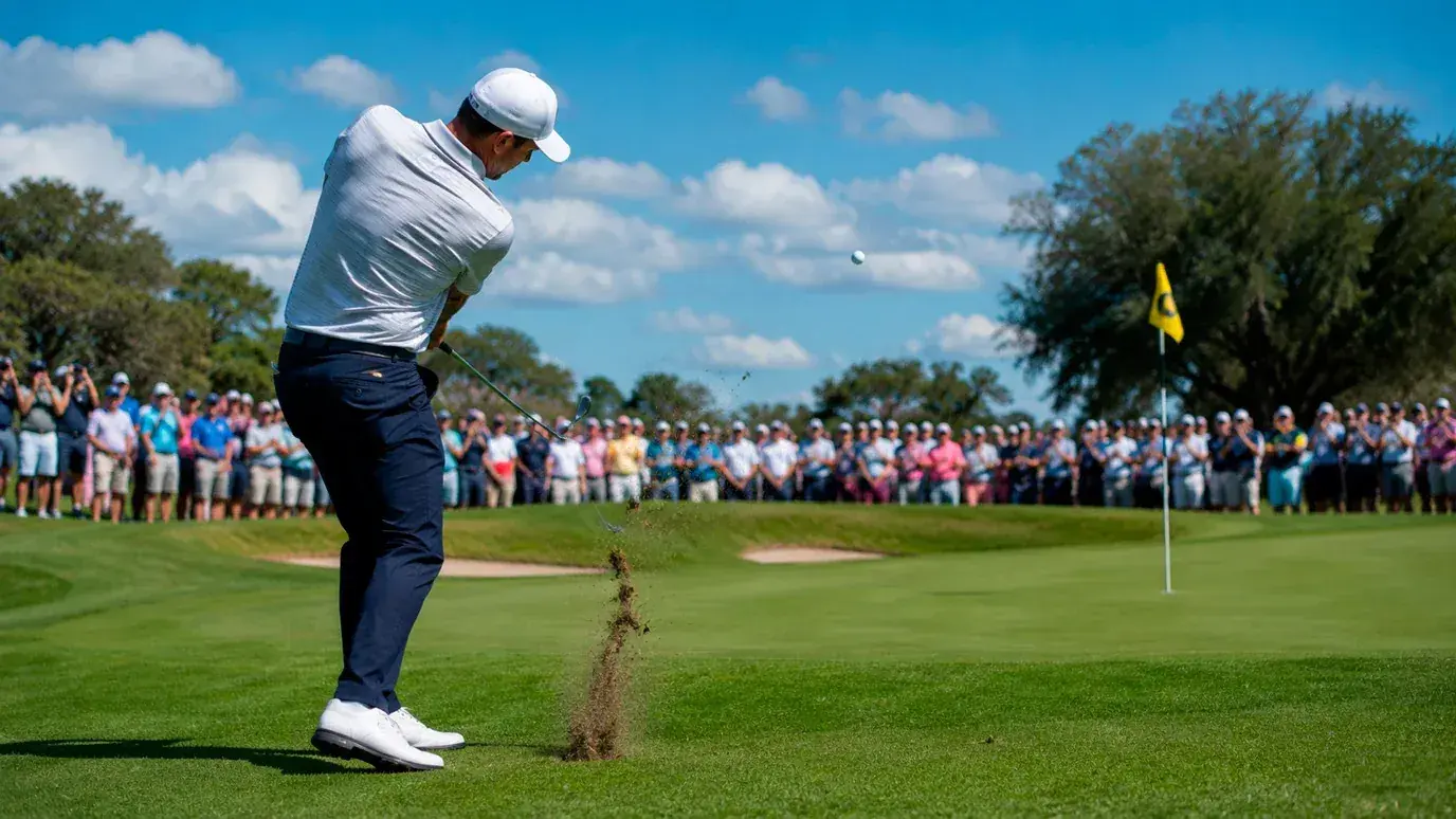 Golfer hitting an iron approach shot toward the green with flag visible