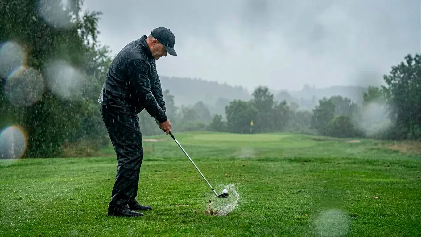 Golfer hitting a high approach shot from a damp fairway during rainy tournament conditions