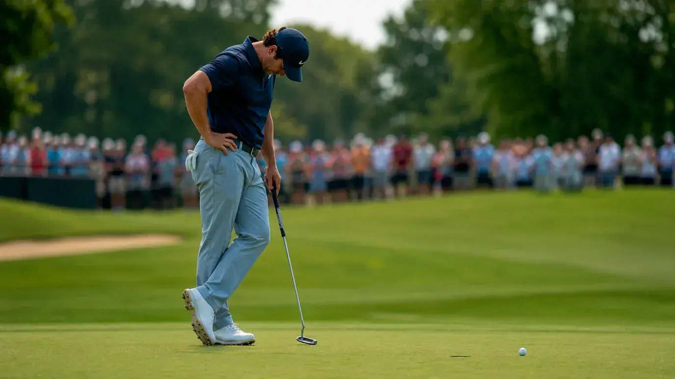 Golfer showing emotional frustration after missing a putt on the green