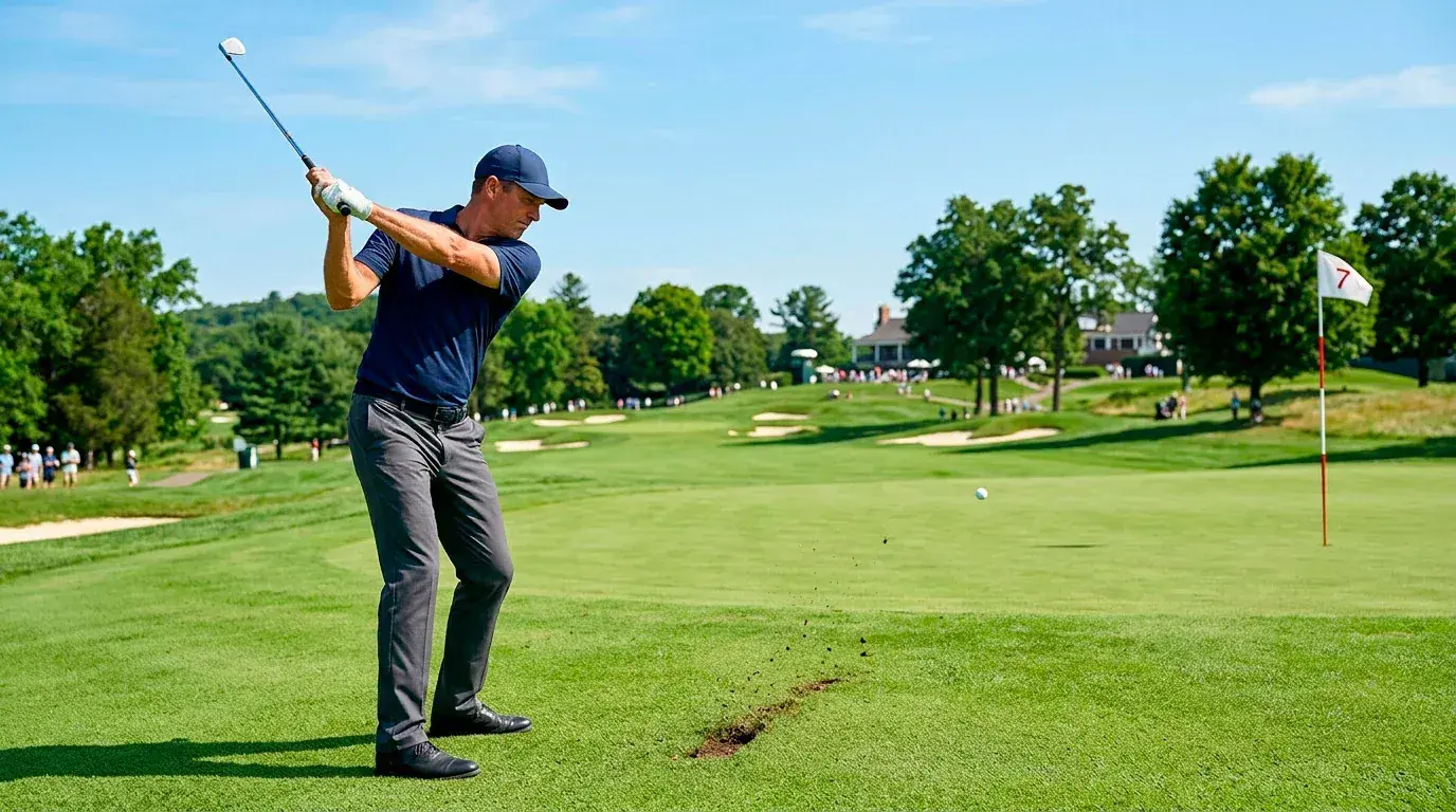 Golfer striking an accurate iron shot onto the green in regulation during competition
