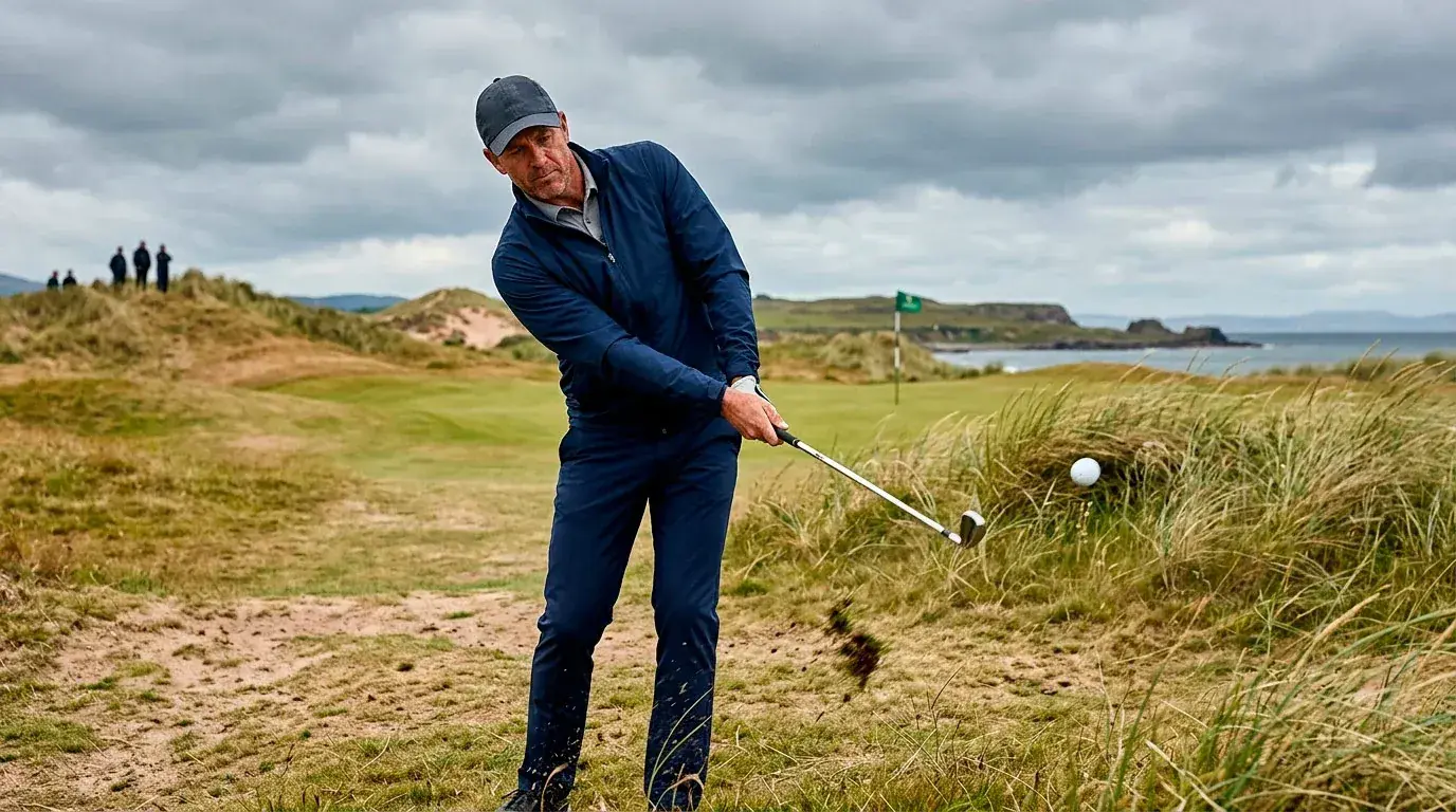 Golfer hitting a controlled low punch shot into a headwind on a links fairway